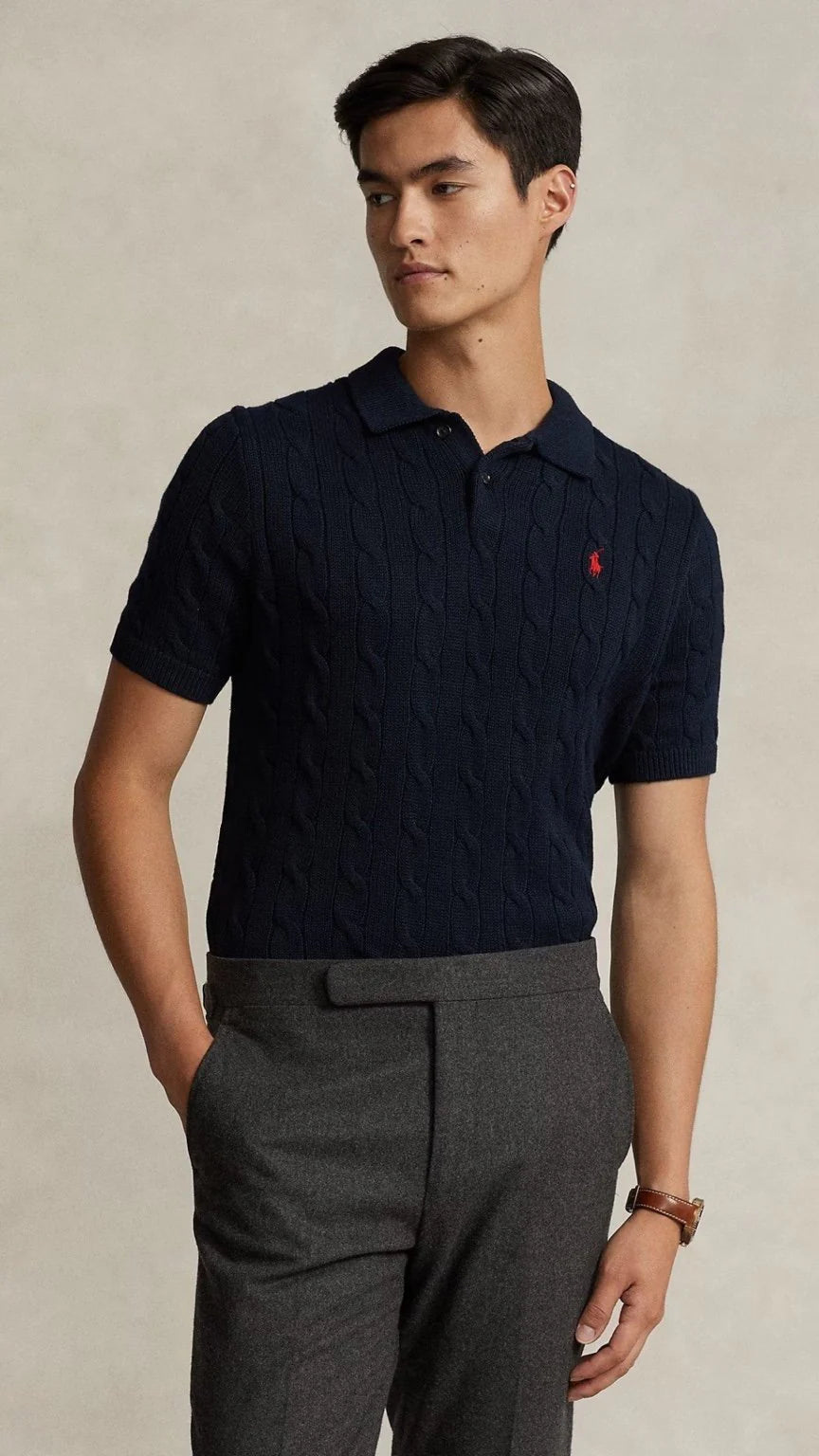 Imported RL Cable Knit Polo - Navy Blue