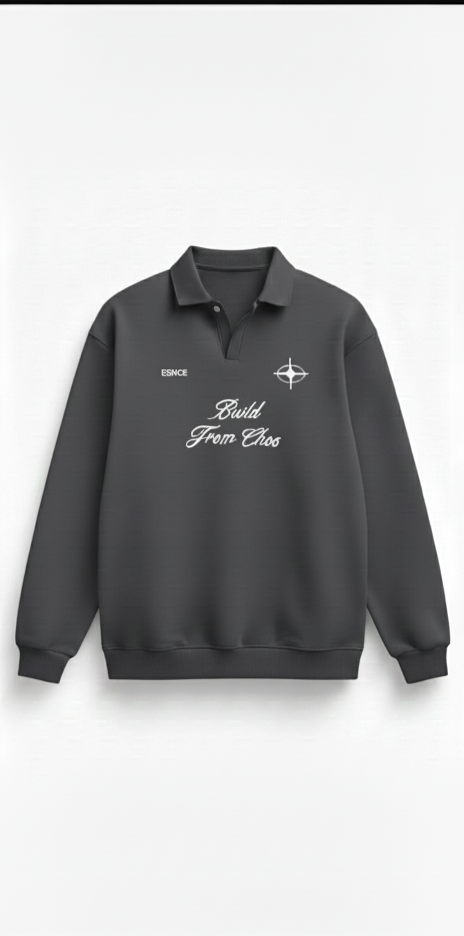 Pull&Bear (PB) Premium Unisex Graphic Polo Sweatshirt - Charcoal Gray