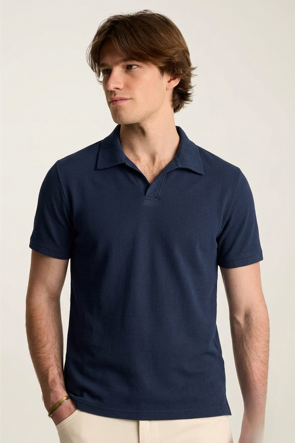Zara Waffle Knit Polo - NAVY