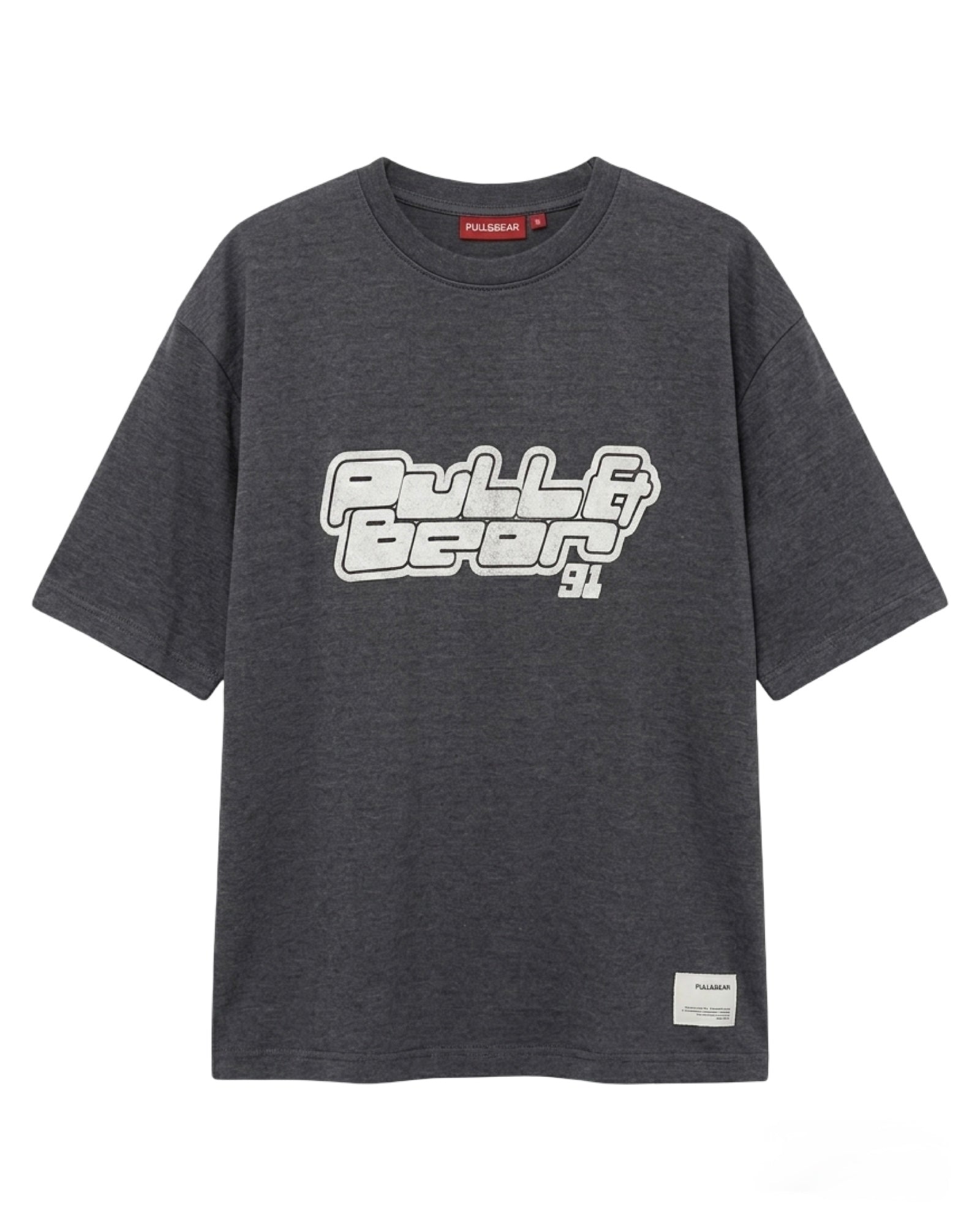 Pull&Bear (PB) Premium '91' Puff Streetwear T-Shirt | Charcoal Grey