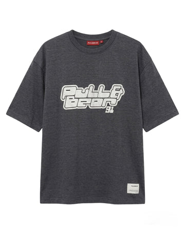 Pull&Bear (PB) Premium '91' Puff Streetwear T-Shirt | Charcoal Grey