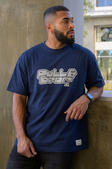Pull&Bear (PB), Premium '91' Puff Streetwear T-Shirt- Navy