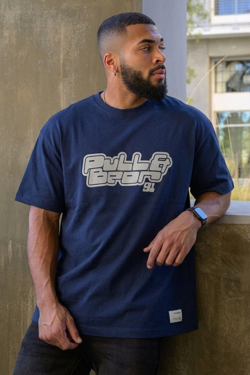 Pull&Bear (PB), Premium '91' Puff Streetwear T-Shirt- Navy